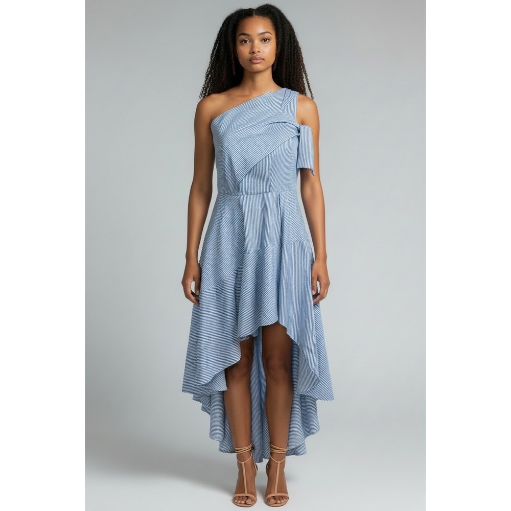 Anthropologie Mare Mare High-Low Dress Women's XS Blue White Stripe One Shoulder
